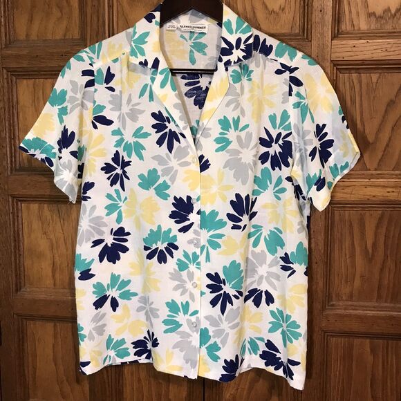 Alfred Dunner Linen Women's 10 Multi-Color Floral Blouse Short Sleeve Button-Up - Picture 4 of 10